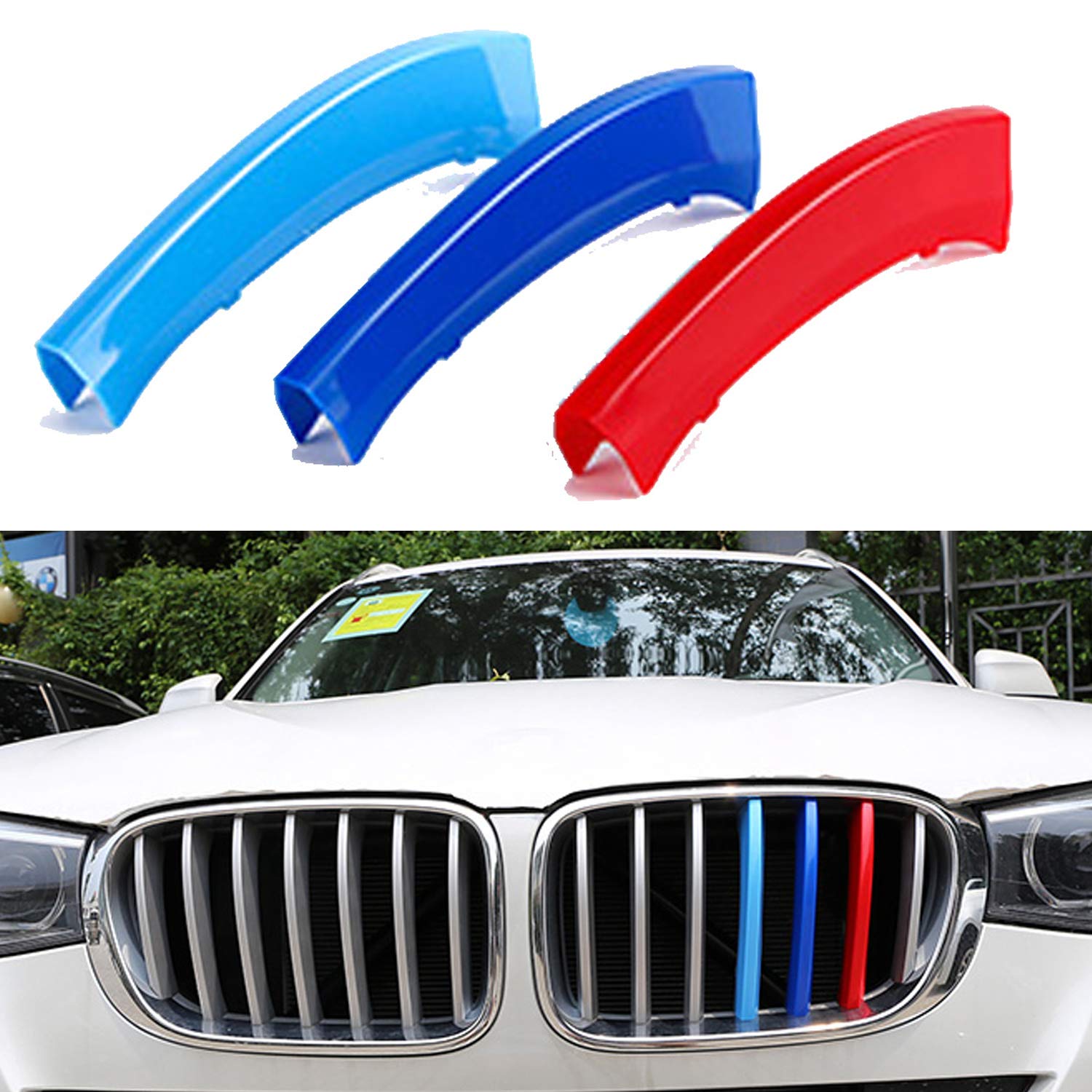 Photo 1 of HUAPX Tri-Colored Grille Insert Trims, 1Set(3pcs) W/Standard Front Stripe Grille Insert Trims Comaptible for 2011-2017 BMW F25 X3/2014-2017/2018 F26 X4 Center Kidney Grill (7Beams)