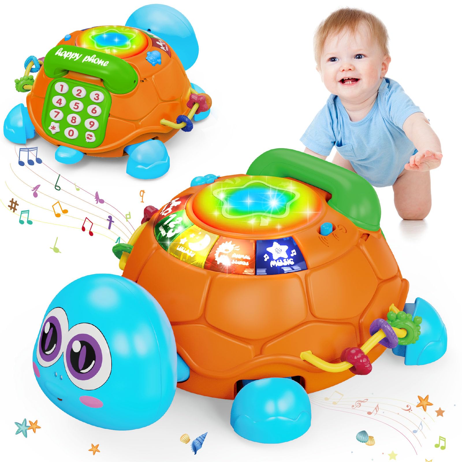 Photo 1 of Ussybaby Baby Toys 6 to 12 Months,Infant Musical Turtle Crawling Toy with Phone Hand Drum, Baby Toy 7 8 9 10 18 Months 1-2 Year Old Girl Boy Gift (Blue)