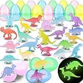 YUJUN 28PCS Easter Eggs Prefilled with Glow in Dark Dinosaur Figure Toys Mini Plastic Dinosaur Toys for Kids Colorful Easter Egg Basket Stuffers Fillers Eggs Hunt Gift Party Favors