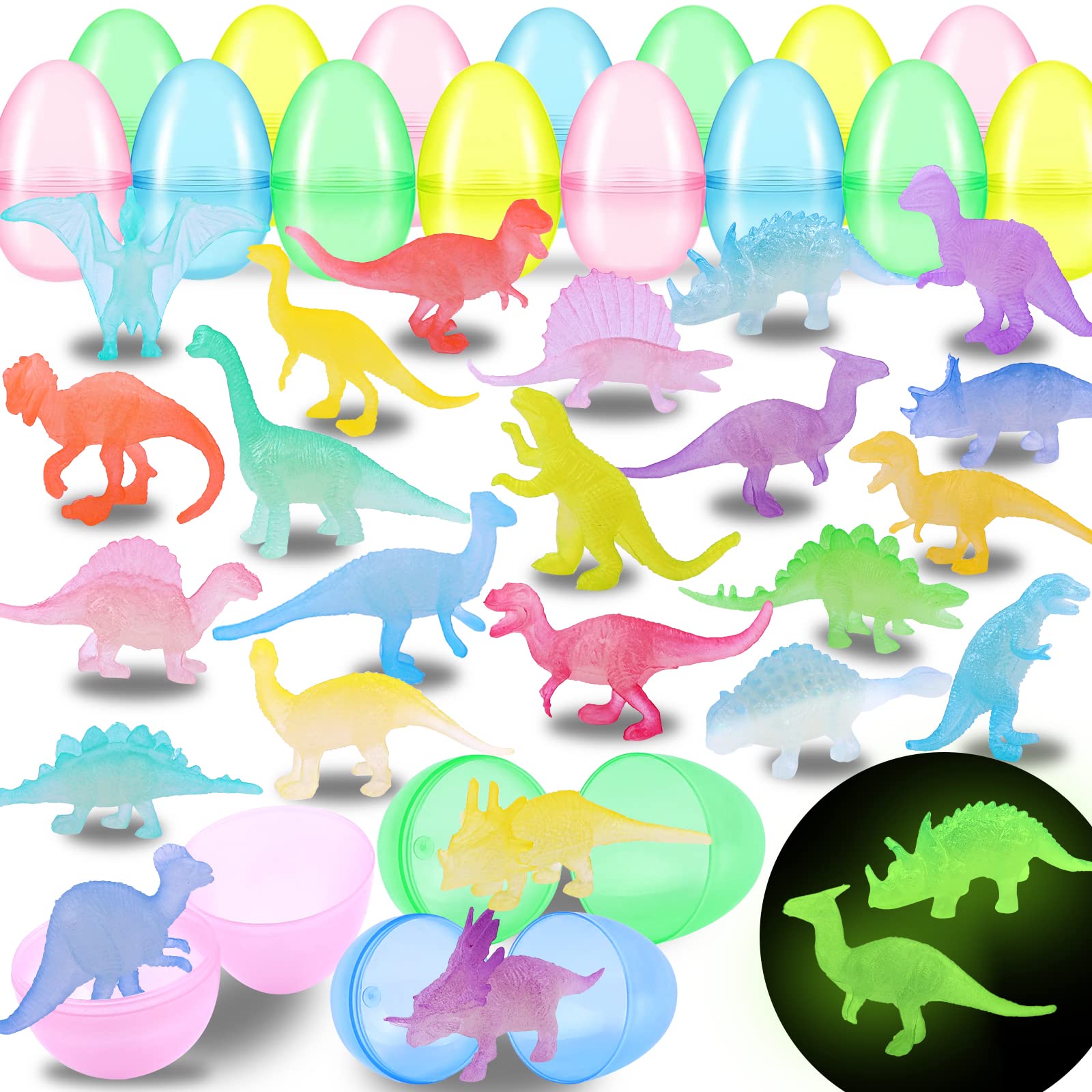YUJUN 28PCS Easter Eggs Prefilled with Glow in Dark Dinosaur Figure Toys Mini Plastic Dinosaur Toys for Kids Colorful Easter Egg Basket Stuffers Fillers Eggs Hunt Gift Party Favors