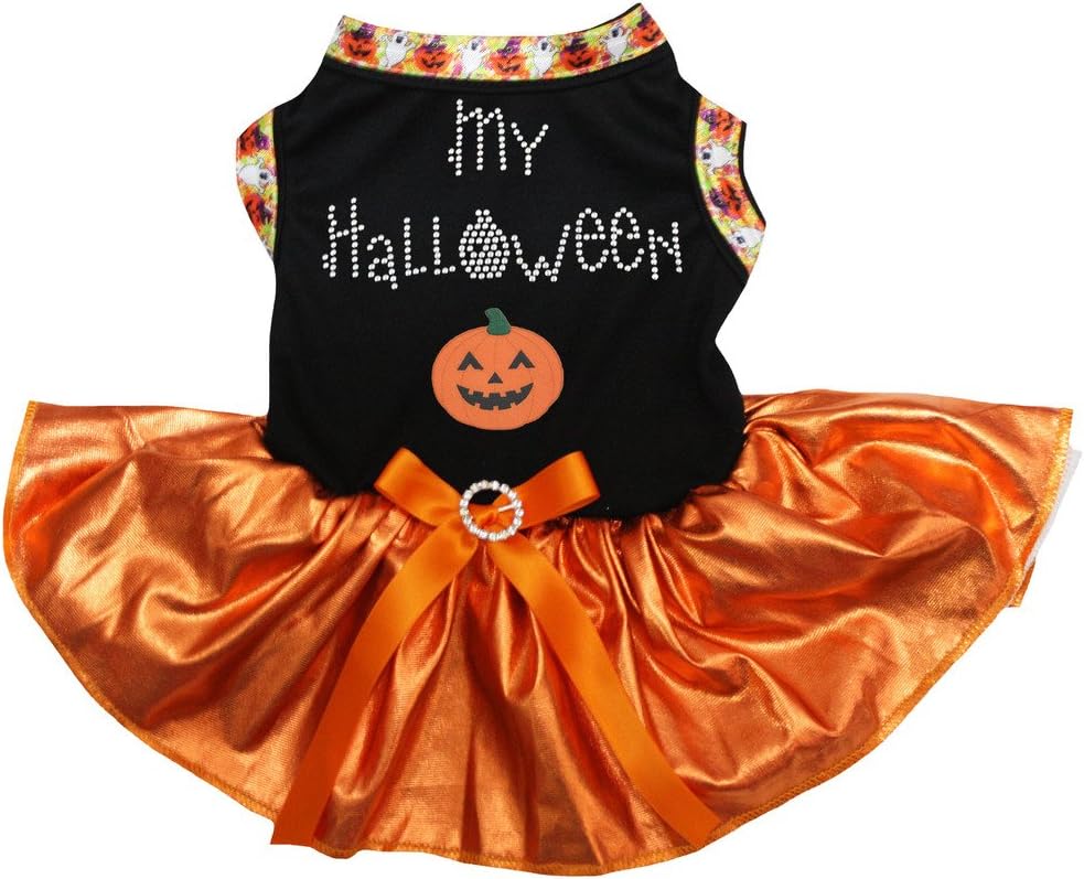 Petitebelle My Halloween Pumpkin Puppy Dog Dress (Black/Orange, Medium)