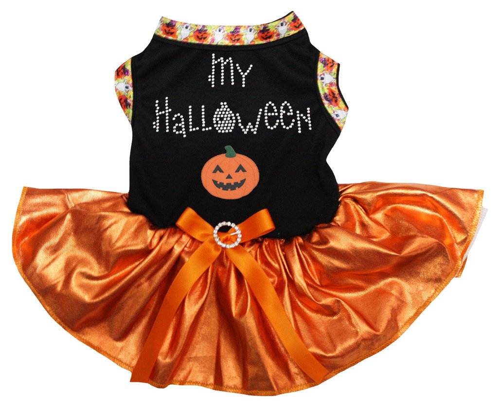 Petitebelle My Halloween Pumpkin Puppy Dog Dress (Black/Orange, Small)