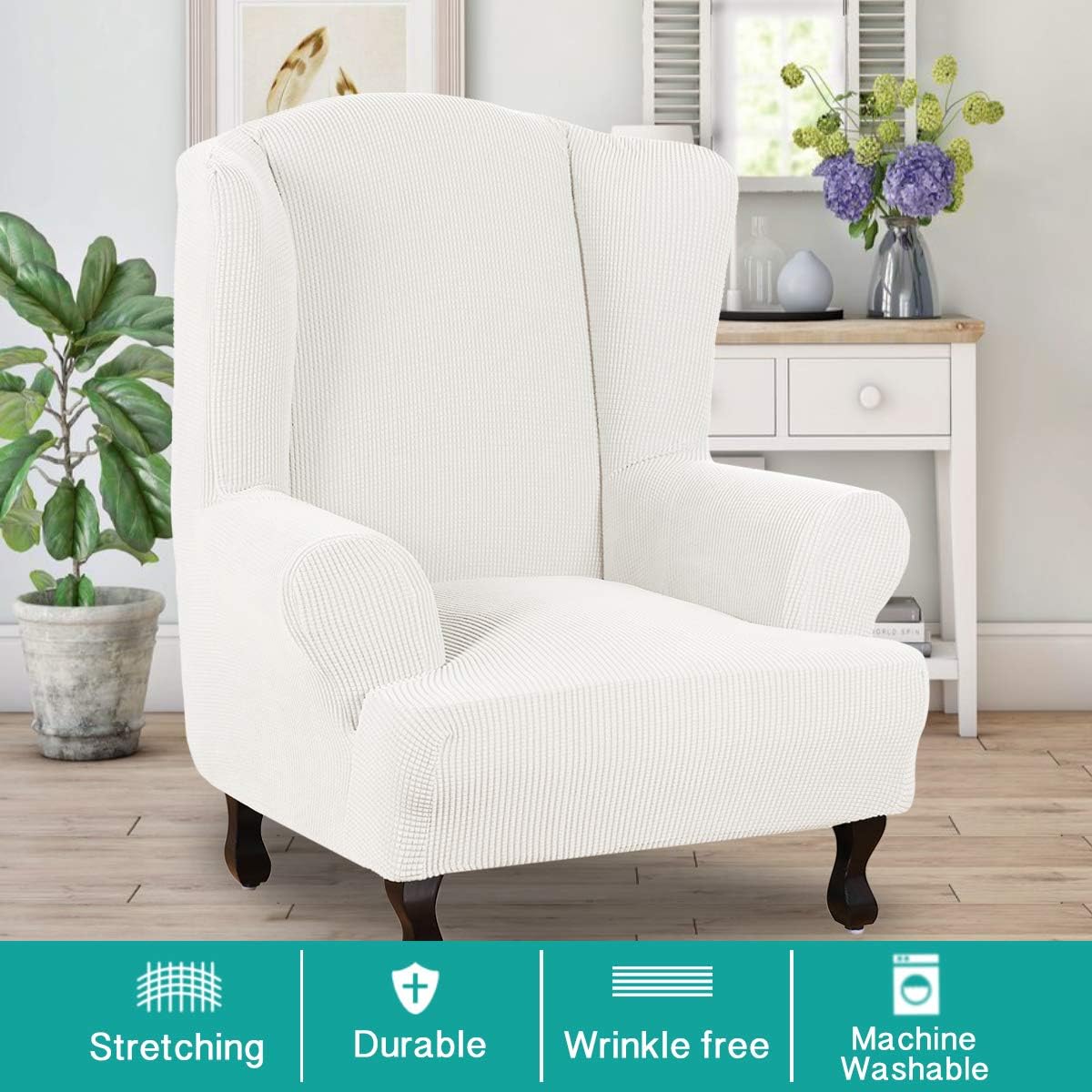 Turquoize Stretch Wingback Chair Slipcover Slipcovers for Wingback Chairs Sofa Slipcover 1-Piece Wing Chair Cover Sofa Cover with Elastic Bottom Jacquard Furniture Protector (Wing Chair, Off White): Home & Kitchen