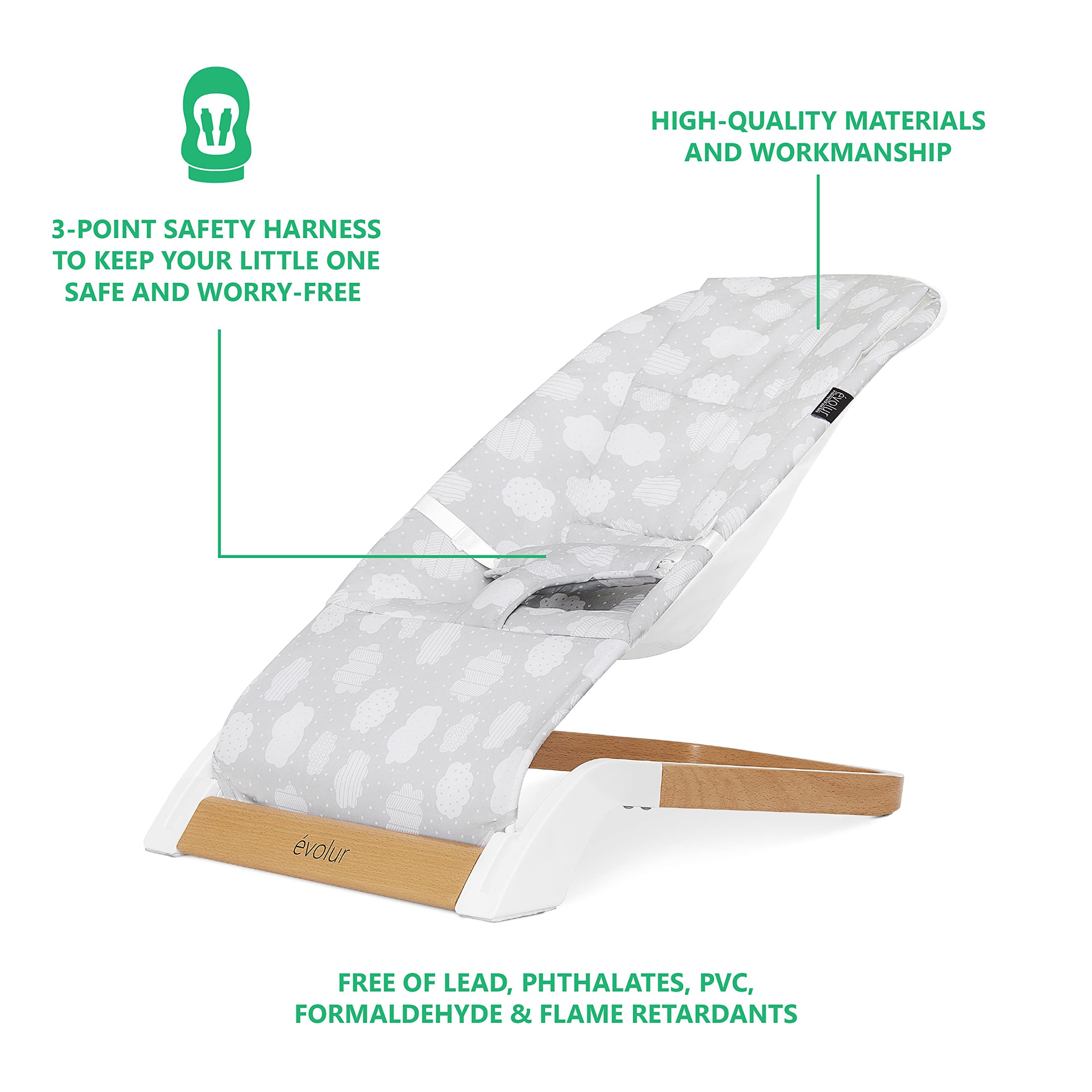 Evolur Koko Portable Infant Bouncer in Cloud Grey, Breathable Fabric, Removable Seat Cover, Easy to Clean Baby Bouncer