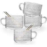 Ymyaye Vintage Glass Coffee Mugs Set of 4, 14 Ounces Embossed Glass Coffee Cups Stackable Coffee Mugs for Cereal, Yogurt, Lat