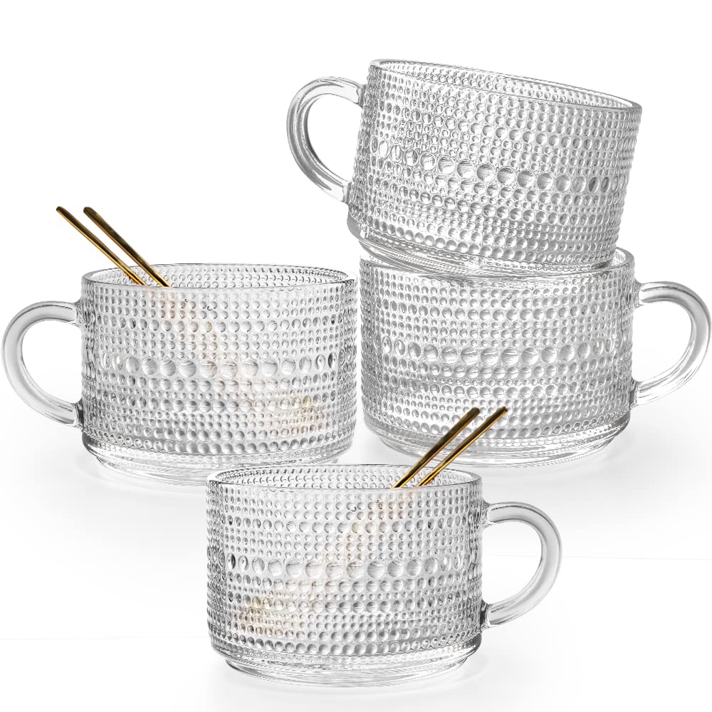 Gutsdoor Vintage Glass Coffee Mugs Set of 4, 14 Oz Clear Embossed Glass Coffee Cups, Stackable Breakfast Cups with Gold Spoon for Cereal, Latte, Tea, Beverages (Beads*4).