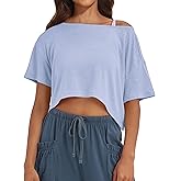 MISSACTIVER Oversized Off The Shoulder Top for Women Short Sleeve Boat Neck Crop Tee Loose Summer Workout Shirt