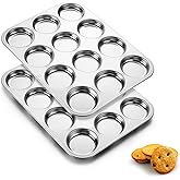 E-far Muffin Top Pan, 12-Cavity Stainless Steel Shallow Cupcake Pan for Yorkshire Pudding, Eggs, Whoopie Pie, Cornbread, Non-toxic & Dishwasher Safe - 2 Pcs