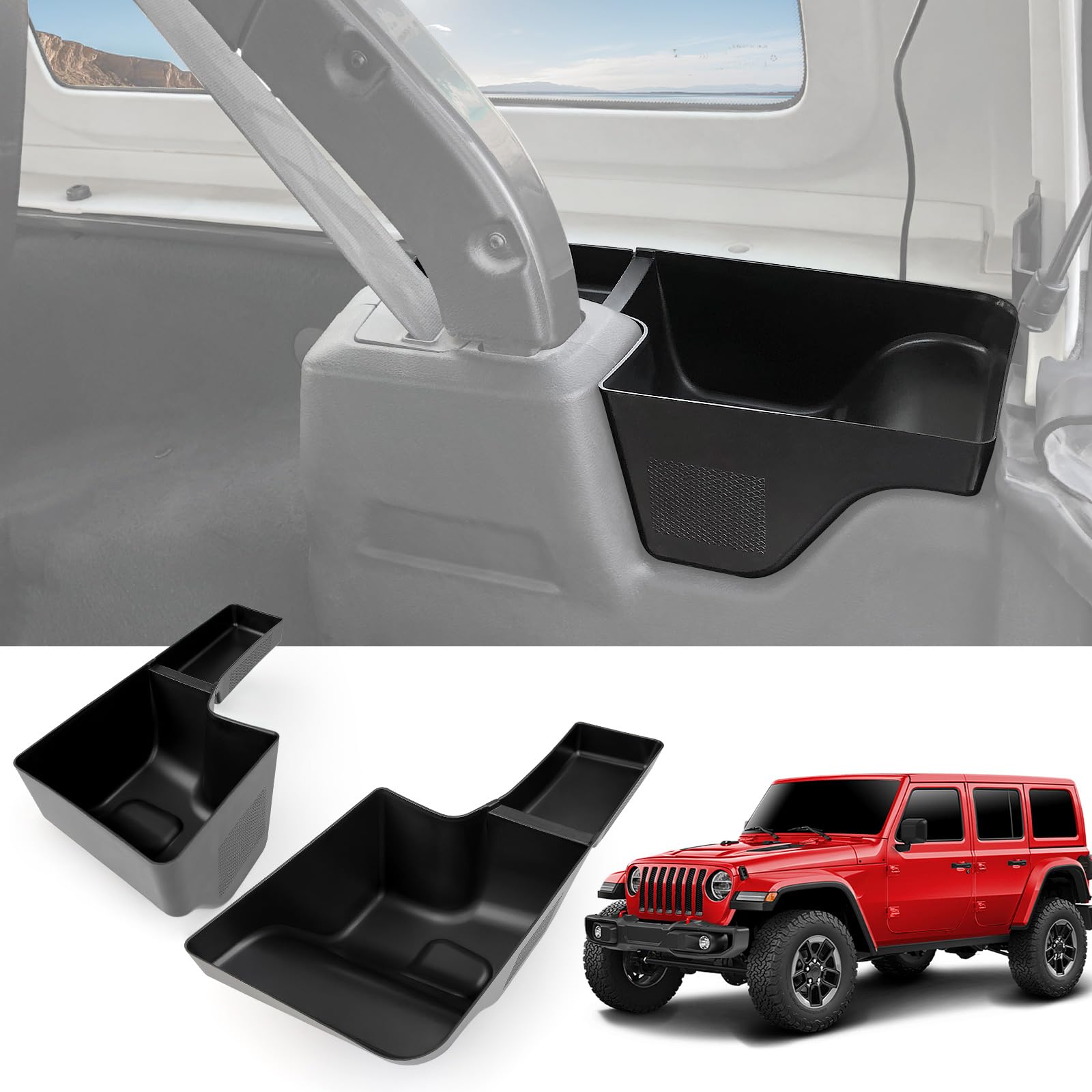 Photo 1 of Utiiy Wheel Well Storage Bin Fit for 2018-2023 Jeep Wrangler JL JLU 4XE Rear Trunk Side Storage Box Cargo Organizer Cargo Tray for Wrangler JL 4dr Accessories(18-23 Trunk Organizer, Not Gladiator)