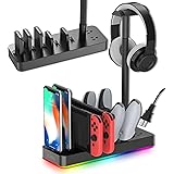 KAFRI RGB Headphone Stand with Charging Station, Gaming Accessories Headset Holder with 6 USB C Charger Compatible with Switc