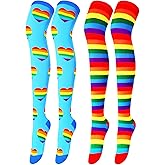 Vicenpal 2 Pairs Women's Rainbow Striped Socks Colorful Pride Thigh High Stockings over the Knee Tube Socks for Women Gifts