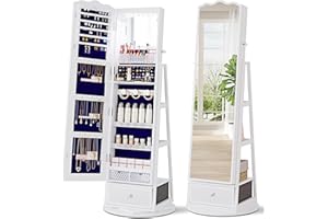 Dystler 360° Rotating Jewelry Armoire with 53'' Full Length Mirror, Standing Lockable Jewelry Cabinet Organizer with Lights, Built in Makeup Mirror, Large Storage Capacity with Drawer&Shelves White