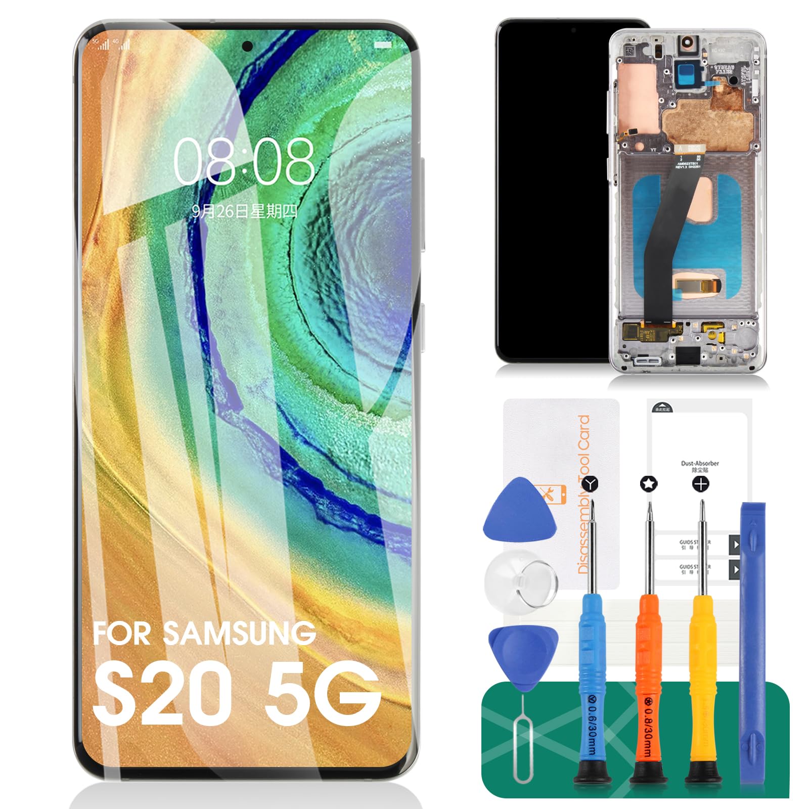 Photo 1 of [Long Slot] OLED for Samsung S20 5g Screen Replacement for Galaxy S20 5g LCD Digitizer Repair Kits G981F G981U G981B Touch Screen Display Assembly Replacement Silver with Frame (with Fingerprint)