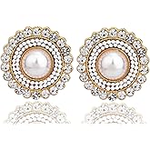 Big Stud Earrings, Cream Dome Pearl,Crystals Rhinestones Art Vintage Earrings with Wedding Style
