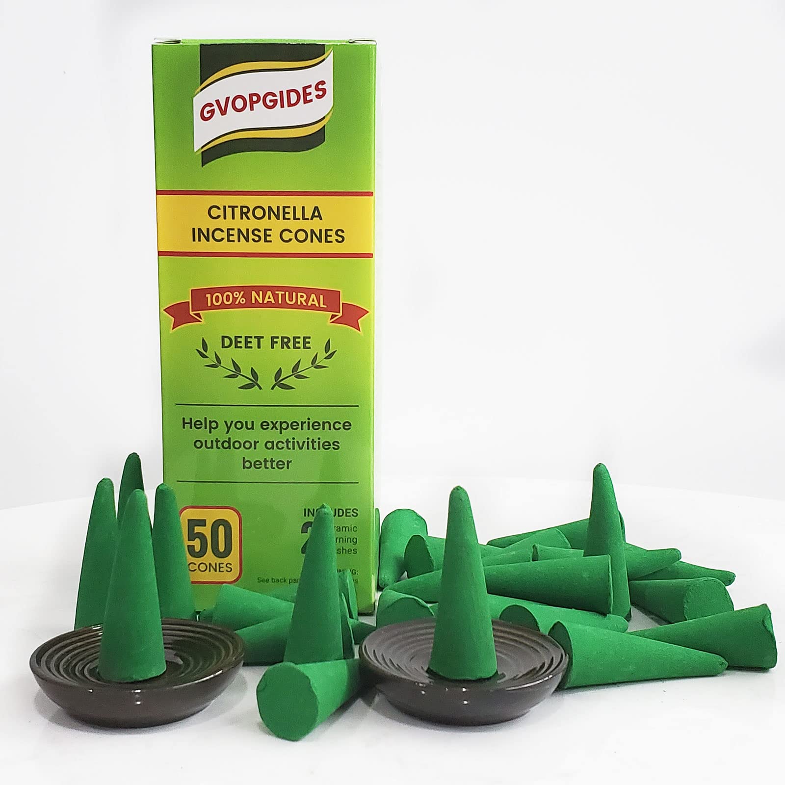 Citronella Incense Cones (50 Cones) Made with Plant Based Ingredients/Citronella Oil/Lemongrass Oil/Rosemary Oil/Includes 2 Ceramic Dishes