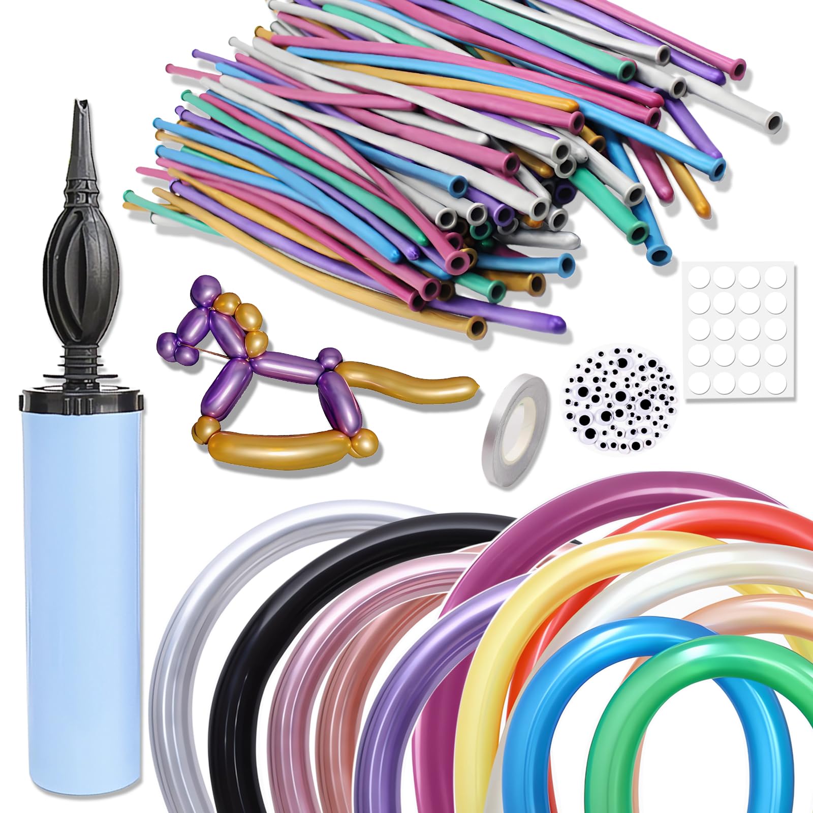 Photo 1 of 260Q Balloons Metallic Kit with Pump,100pcs Long Skinny Twisting Magic Balloons Rainbow Color to Make Professional Animal Flower Shapes for Birthday,Carnival Festival Kid‘s Party Decor