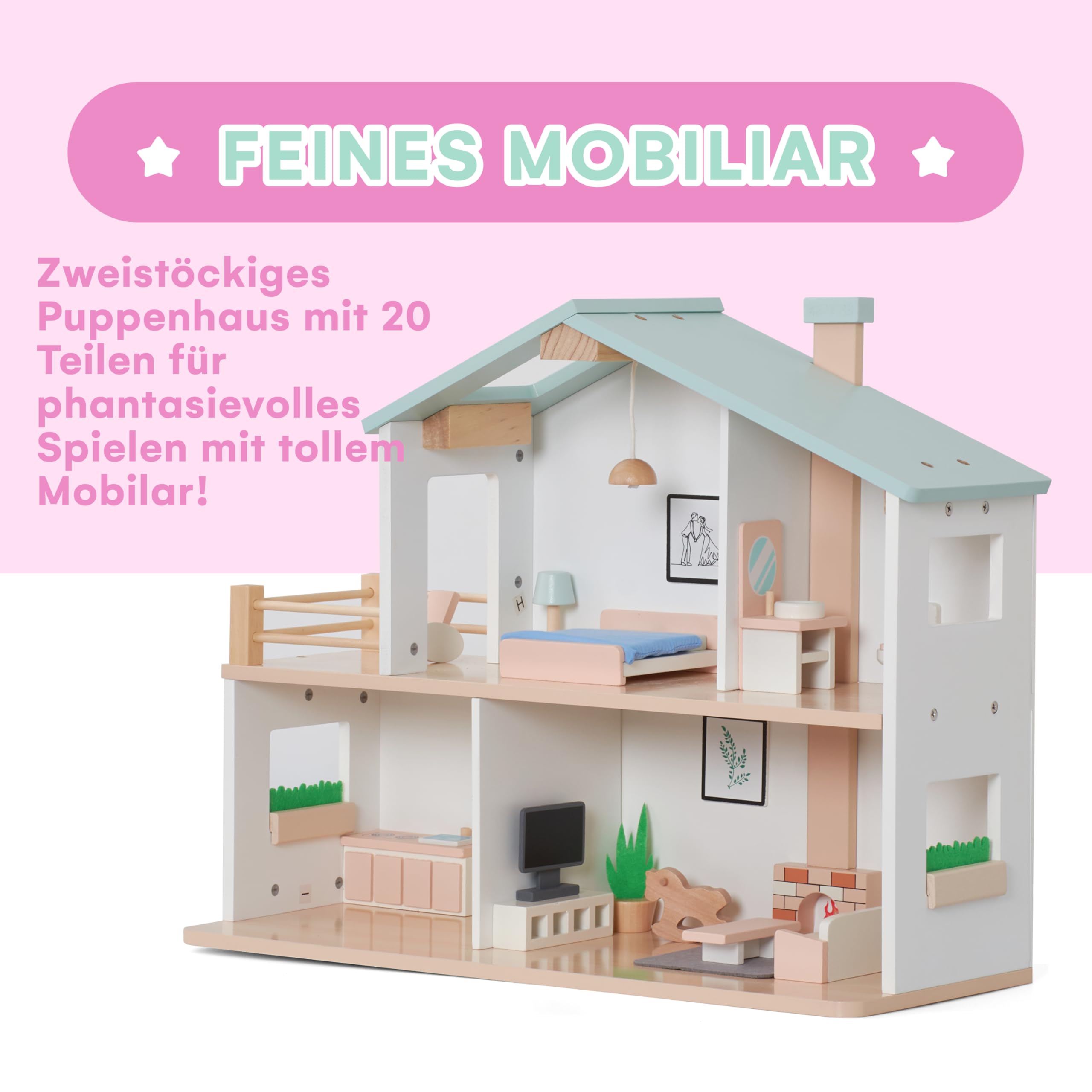 Jewelkeeper Puppenhaus Holz - Mehrfarbig - Spielpuppenhaus für Kinder ab 3+ - 20 Teile - Aus Holz und Stoff - Großartig für die Augen-Hand-Koordination 5