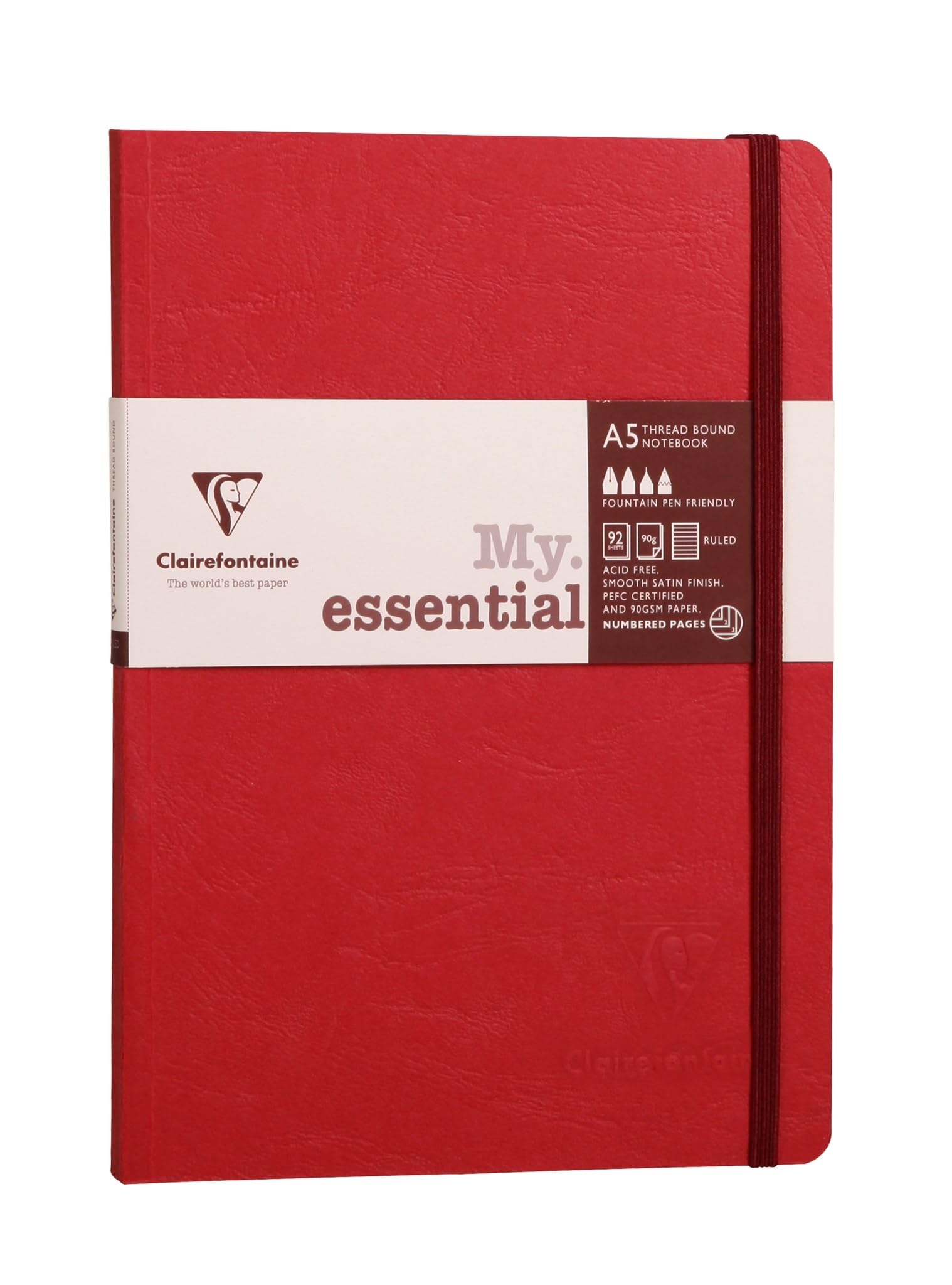 Clairefontaine 793432C Collection Age Bag Stitched MyEssential Elastic Notebook Red - A5 14,8x21 cm - 192 DOT Numbered Pages - 90 g Ivory Paper - Leather Cover