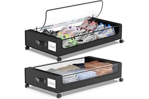 Molutsody Under Bed Storage with Wheels, 2-Pack Underbed Storage Containers with Clear Lids, Under Bed Shoe Storage Organizer, Rolling Under the Bed Storage Bins for Clothes Shoes Blankets (Black)