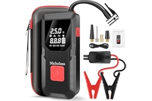 Nicholaus 12 V Car 8000 mAh Battery Jump Starter 2800A with 150psI Air Compressor, Safe Smart Light and Practical Edition QB08L, Portable Jump Box and Charger for 6.0L Gas and 3.0L Diesel Engines.