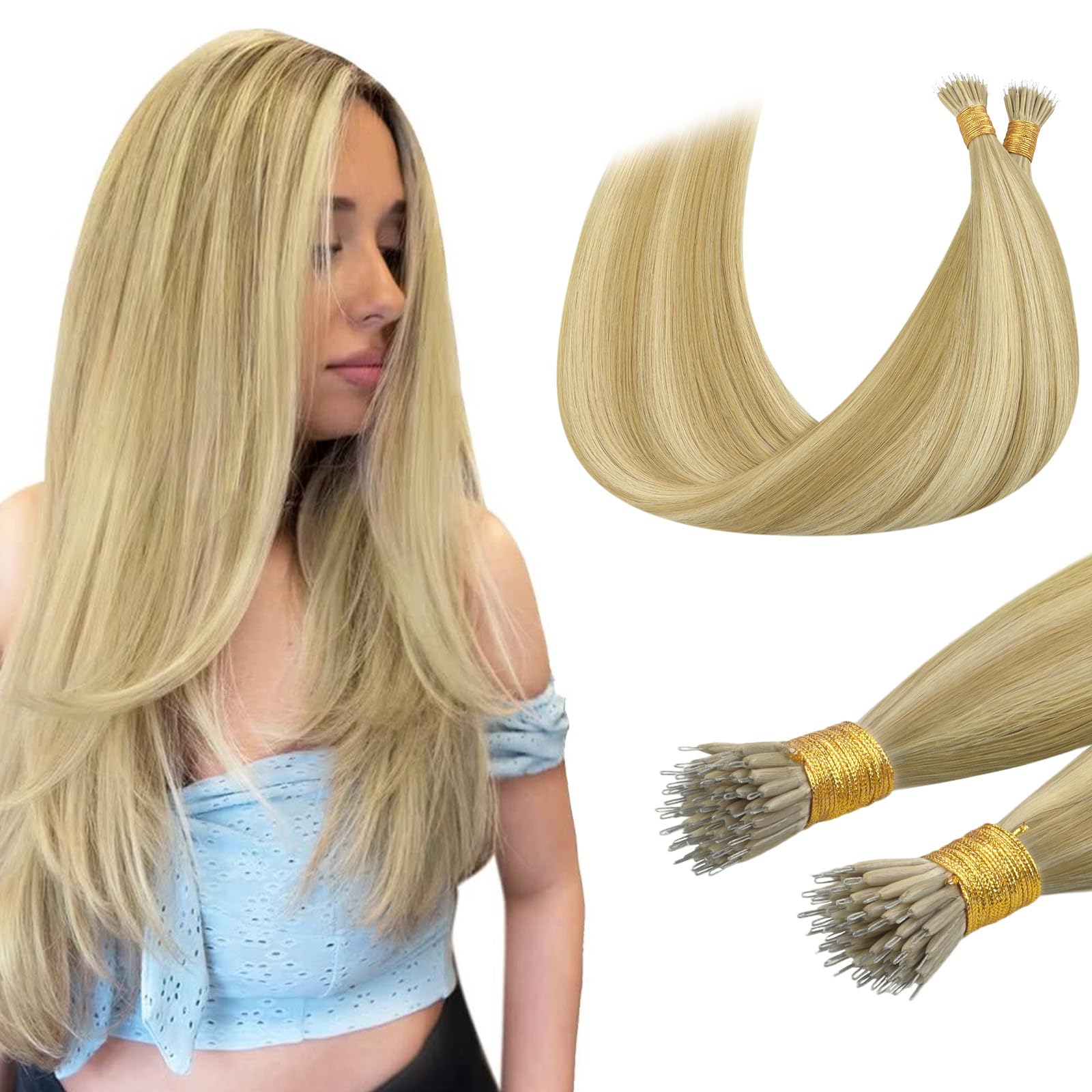 DOORES Nano Hair Extensions Real Human Hair, Light Blonde Highlighted Golden Blonde 14 Inch 50g 100s, Cold Fusion Nano Beads Hair Extensions Lightweight — image 1