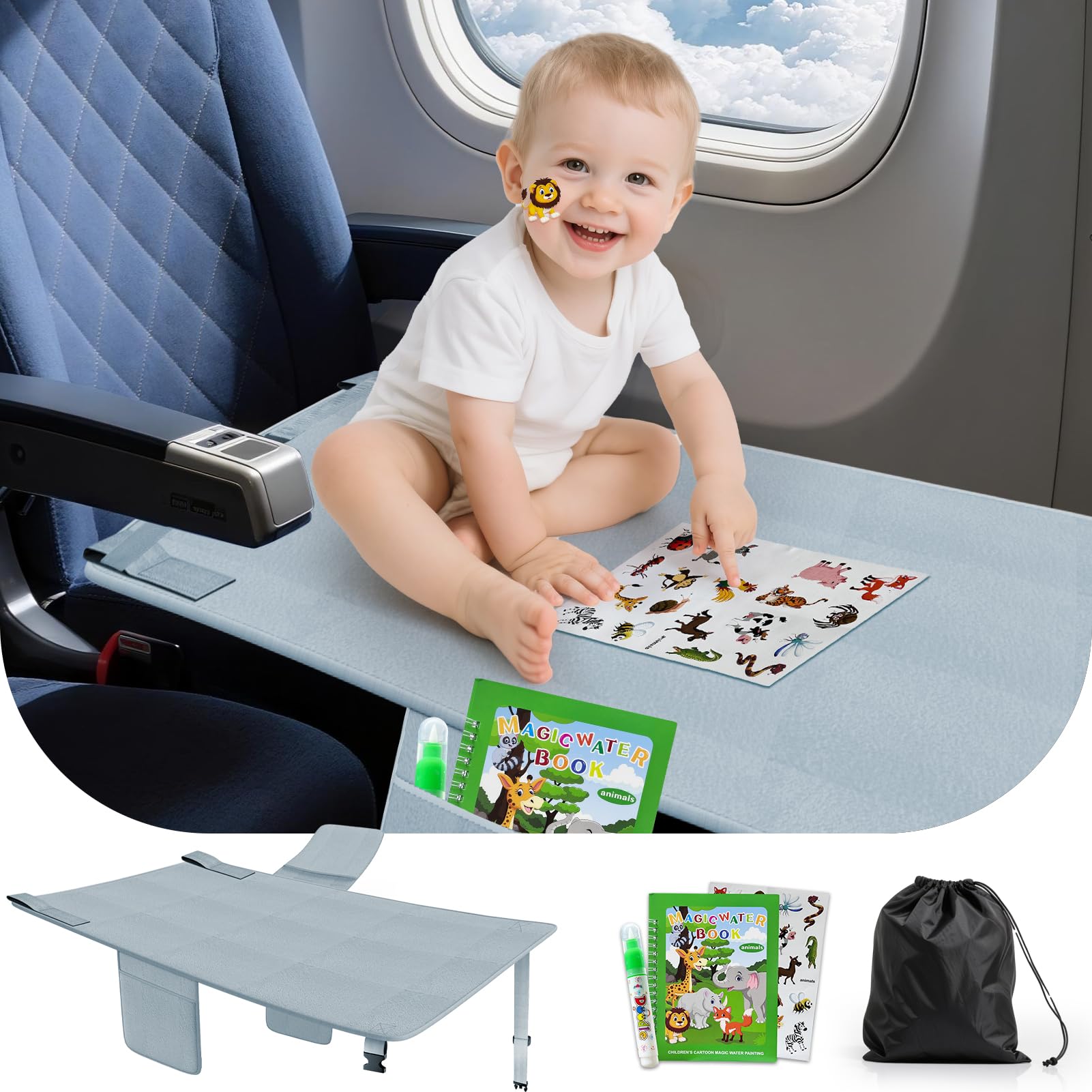 Photo 1 of Omzer Baby Toddler Airplane Bed - Flyaway Kids Airplane Bed for Toddler Airplane Seat Extender for Kids with 2 Pockets and Toys Portable Lightweight Baby Travel Essential Footrest for Flights - Grey