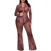 Ekaliy 2 Piece Pant Sets for Women Long Sleeve Mesh Floral Print Ruched Button Down Shirt Flare Wide Leg Pantsuits Streetwear