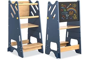 BUDDGO Toddler Standing Tower, Height Adjustable Toddler Step Stool, Toddler Kitchen Stool Helper with Blackboard, Kids Kitchen Step Stool with Safty Rail and Nonslip Feet for 18 Months to 6 Years Old, Gray