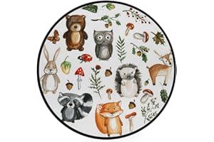 Vantaso Kids Round Nursery Area Rug Cute Woodland Animals 3 Ft Non Skid for Children's Bedroom Playing Room
