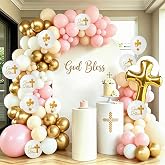 Baptism Decorations Balloon Arch Garland Kit, 18" 10" 5" Pink Sand White Gold Balloons for First Holy Communion Decor Baby Shower God Bless Christening Baptism Party Decorations