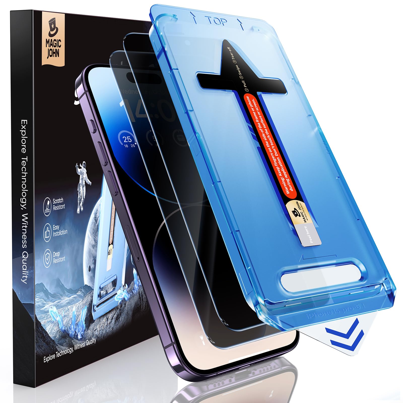 MAGIC JOHN 2 Pack for iPhone 14 Pro Privacy Screen Protector 6.1 inch, Tempered Glass, Auto Dust-Elimination Installation, Bubble Free, Anti Scratch, Case Friendly