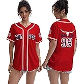 Women 98 Baseball Jersey Country Music Graphic Shirt Cow Bull Skull Tshirt Button Down Vintage Fan Tee Tops