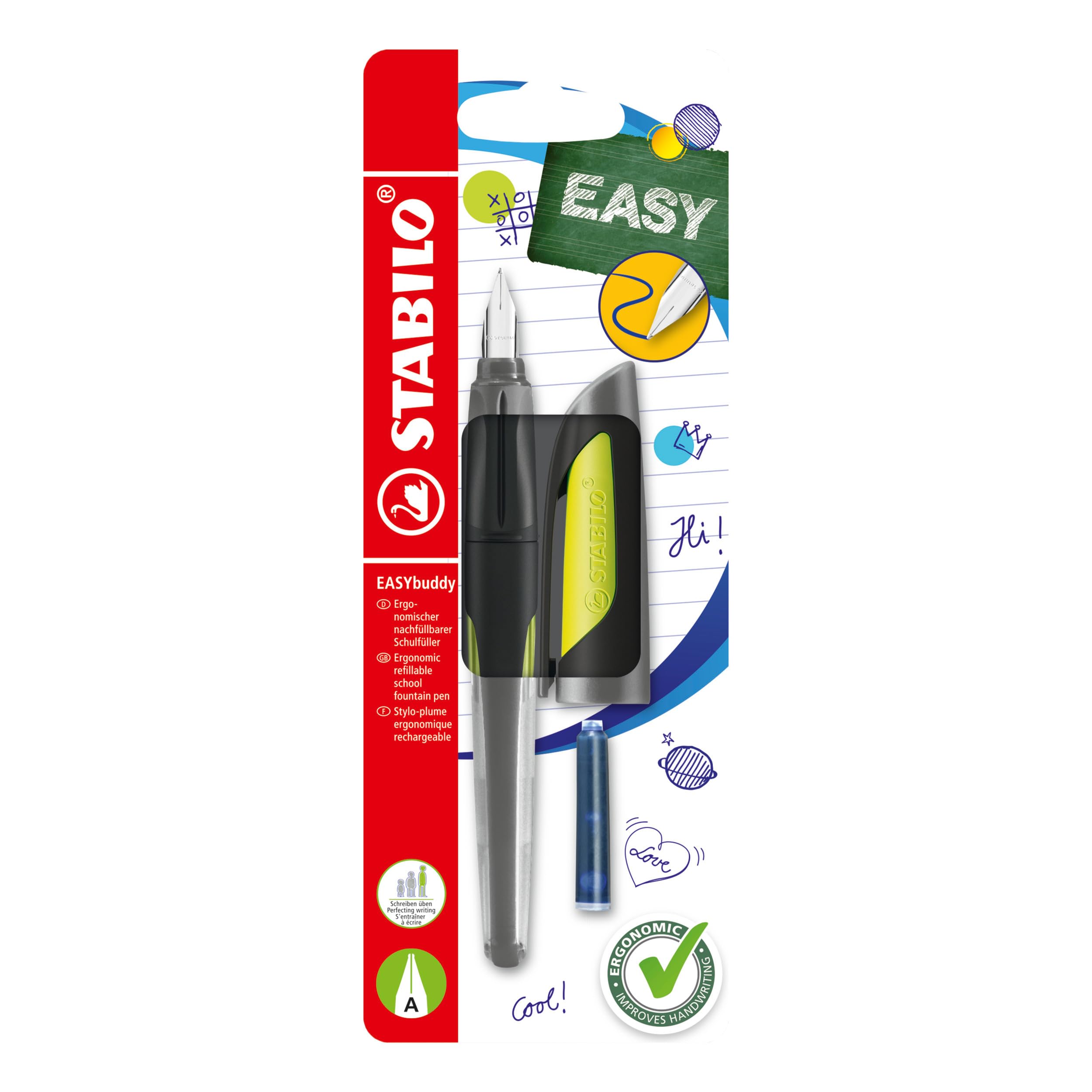 STABILO Ergonomic School Fountain Pen EASYbuddy - A Nib - Black/Lime