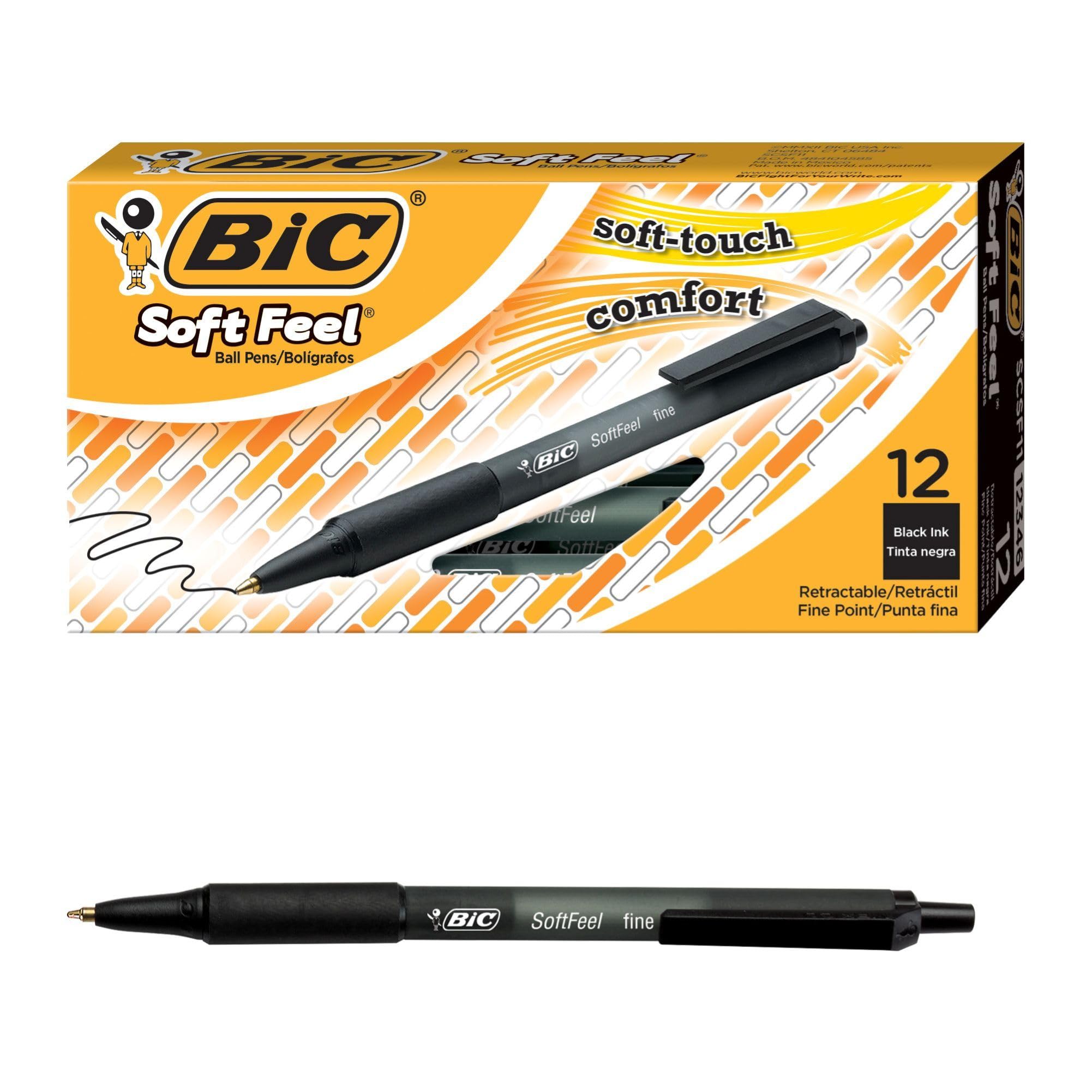 Bic Soft Feel Ballpoint Pens, Retractable Black Pens, Ideal for School, Medium Point (1.0mm), Pack of 12 8373971