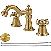 RKF Bathroom Faucets for Sink 3 Hole Gold 8 inch Widespread Bathroom Sink Faucet with Drain 2 Handles Cross Knobs Faucet Bathroom Vanity Faucet Basin Mixer Tap CWF033-BG