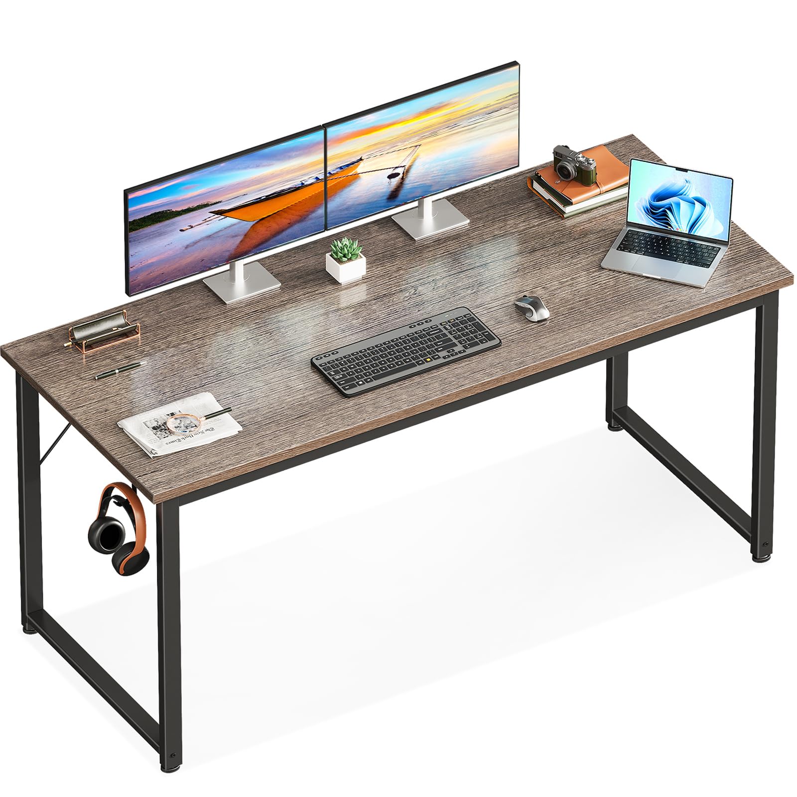 Casaottima 54 Inch Computer Desk for Home Office, Study Writing Table for Small Spaces, Simple Modern Desk with Headphone Hooks, Grey Oak Image