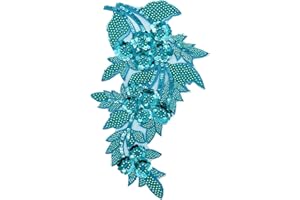 SAIXCCS 1pc Large Flower Rhinestone Applique Aqua, Embroidery Sequin Patches for Clothes,Beaded Lace Applique for Wedding Bridal Dress Bodice Hat Sewing Craft for Girl Embellishment (Aqua)