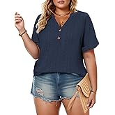 VISLILY Womens-Plus-Size-Summer-Tops Roll Short Sleeve V Neck T Shirts Trendy Eyelet Blouses Cute Buttons Up Tunics Tee
