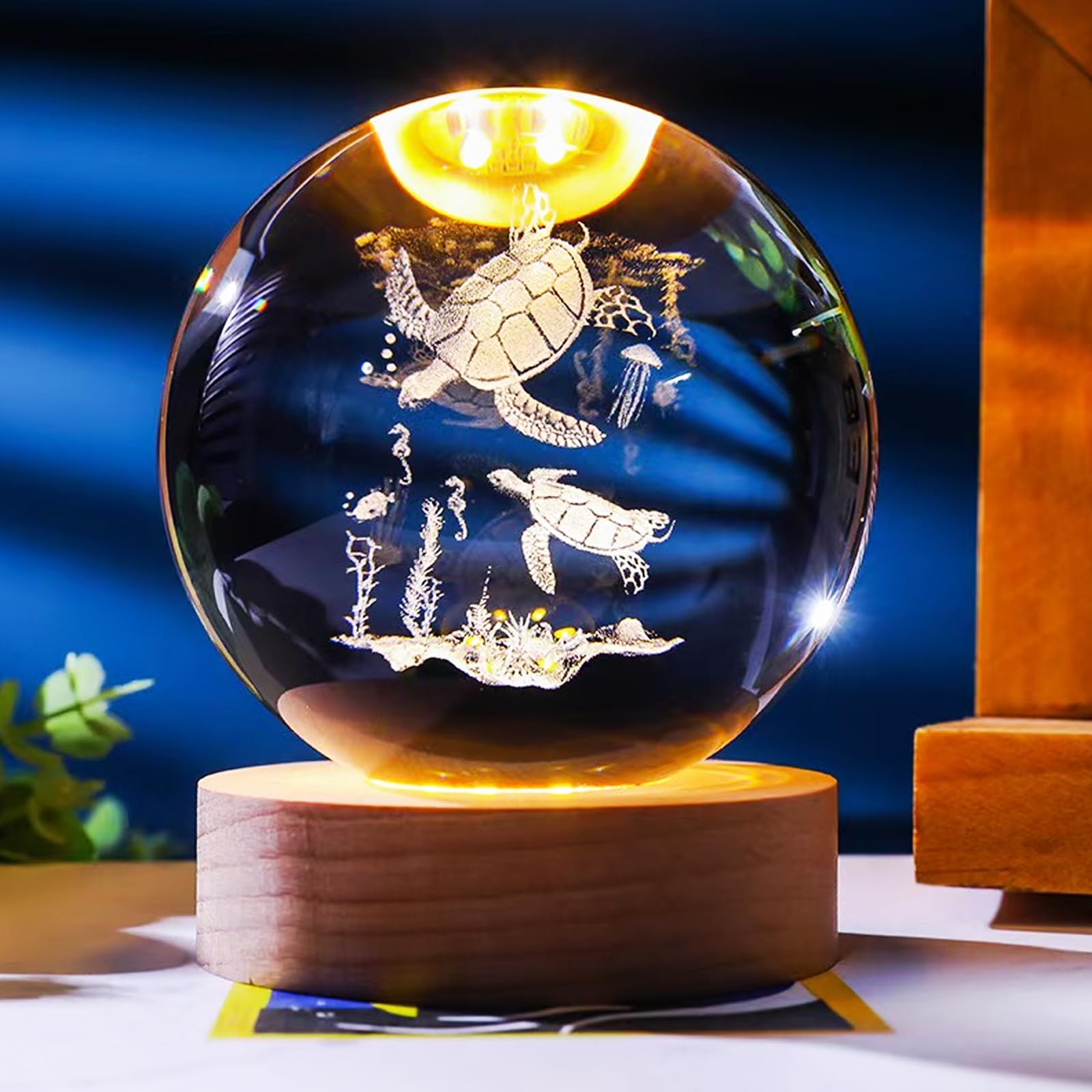 6cm 3D Turtles Crystal Ball Light-3 Color LED Animal Glass Ball Plug-in Night Light with Control LED Wooden Base,3D Engraved Crystal Ball Light Decor, Gift for Kids Friends & Family(Turtles)