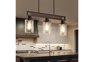 HUONG SON Farmhouse Dining Room Light Fixture, 3-Light Wood Kitchen Island Lighting for Dining Room Over Table, Black Adjustable Pendant Light with Clear Glass Shades, Linear Chandeliers Lighting for Kitchen