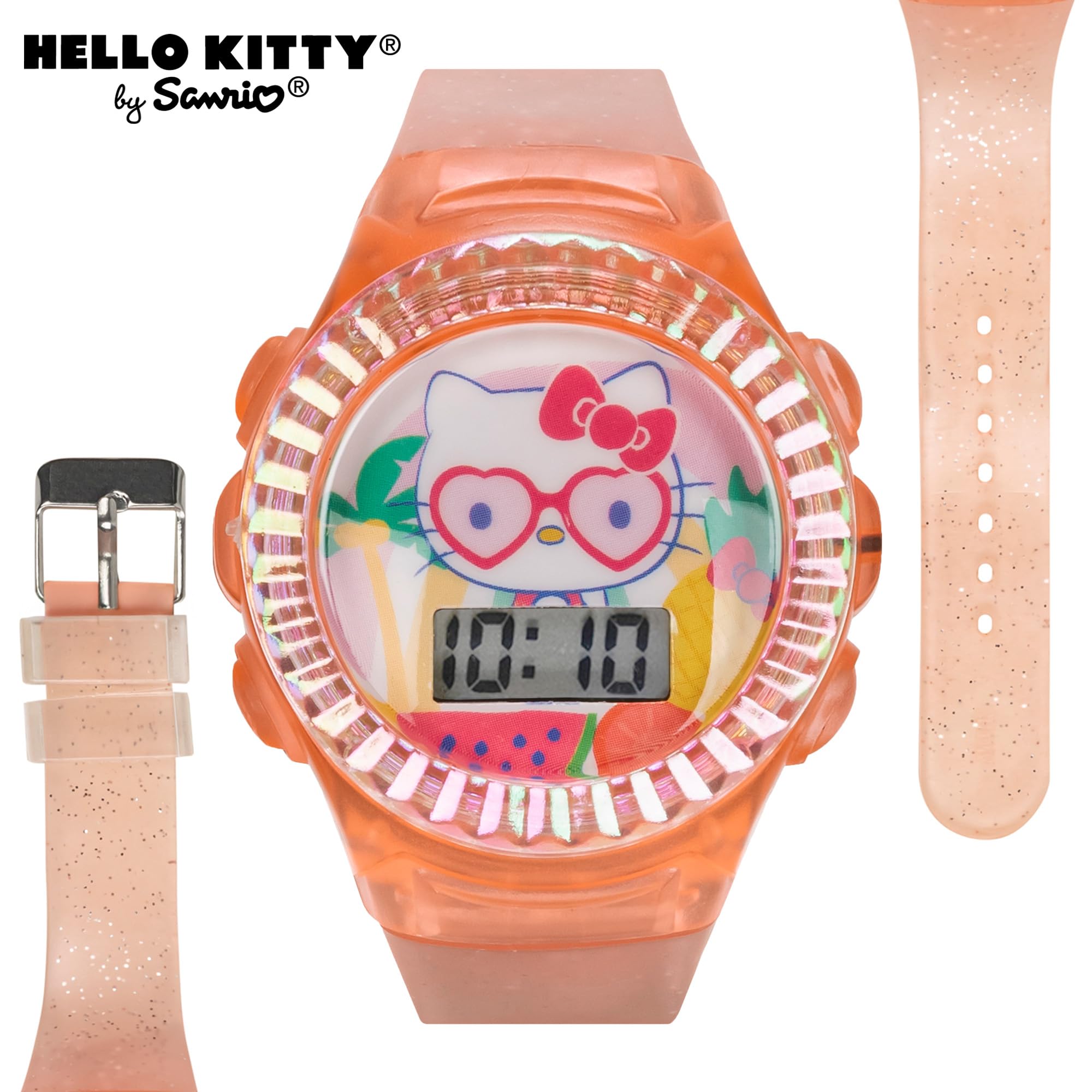 Accutime Sanrio Hello Kitty Kids LCD Watch – Pink Glitter Strap, Transparent Case, Iridescent Bezel, Digital Display, Cute Floral Printed Dial, Adjustable Fit, Perfect for Girls – Fits Wrists 5.5” to 8”