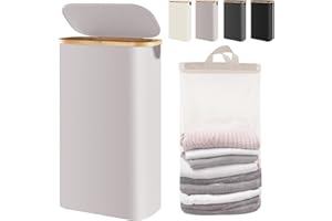 Bathola Slim Laundry Hamper with Lid 65L, Clothes Hamper for Laundry Basket Collapsible, Small Laundry Hamper with Removable Bag & Bamboo Handles, Narrow Laundry Hamper for Small Spaces