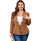 Yesfashion Plus Size Womens Hook&Eye Blazer Suit Jacket Long Sleeve Scallop Placket Peplum Business Casual Blazers