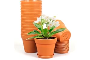 Meowell 4 inch Small Plastic Nursery Pots, 16 Pack Plant Pots for Indoor Outdoor Plants, Flower Pots with Drainage Holes and Saucers, Decorative Seedling Starter Planters for House Plants, Terracotta