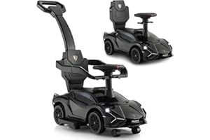 INFANS 3 in 1 Ride on Push Car, Licensed Lamborghini Baby Stroller Sliding Walking Car with Push Handle, Music, USB, Headlight, Under Seat Storage, Kids Foot-to-Floor Toy for 18-60 Months (Black)