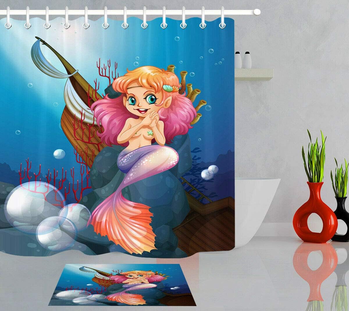 ZHWL6688 Cartoon Little Mermaid Shower Curtain Set Bathroom Tarpaulin 12 Hook 3D digital printing