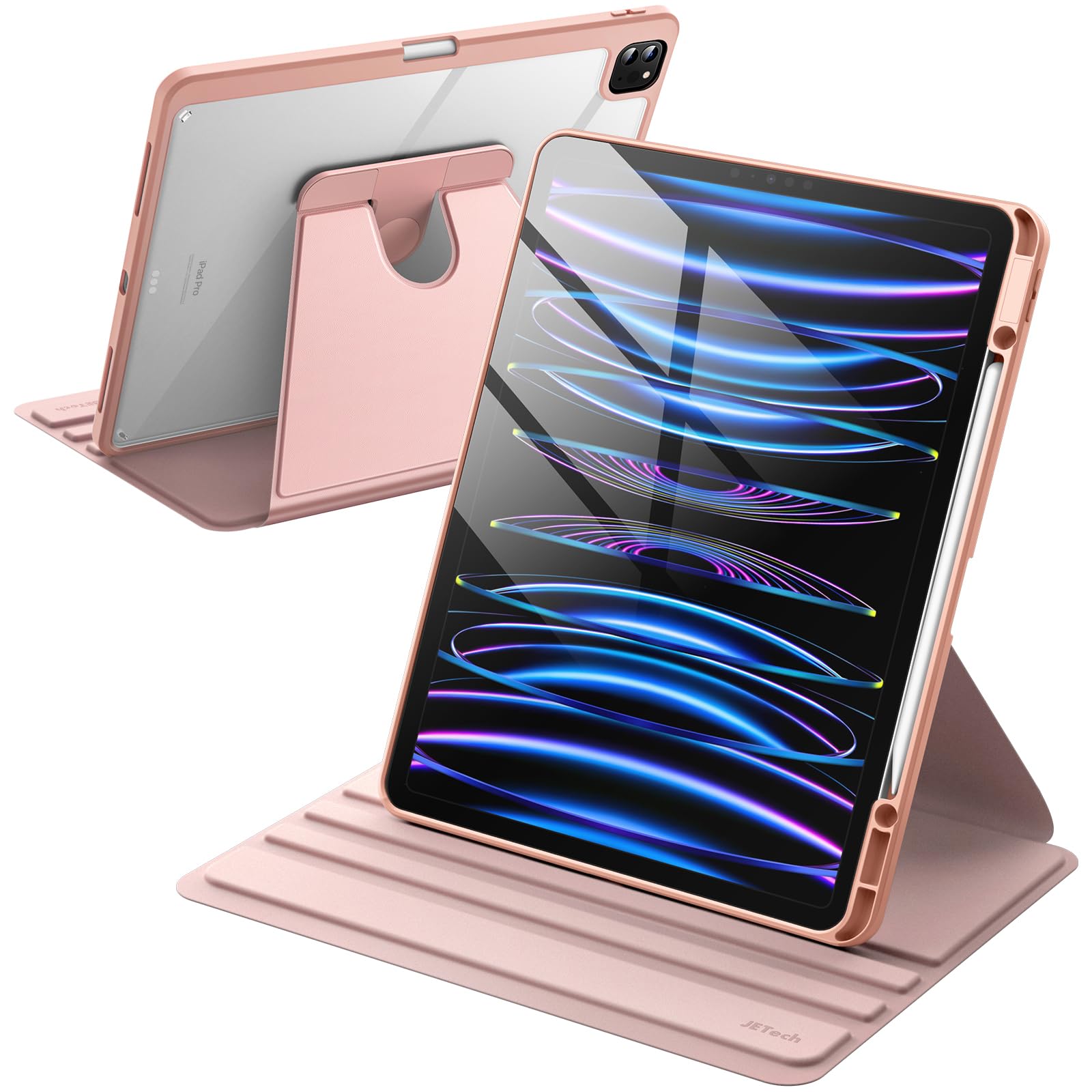 JETech Rotating Case for iPad Pro 12.9-Inch (2022/2021/2020/2018) with Pencil Holder, 360 Degree Rotation Protective Stand Cover Clear Back, Auto Wake/Sleep (Rose Gold)