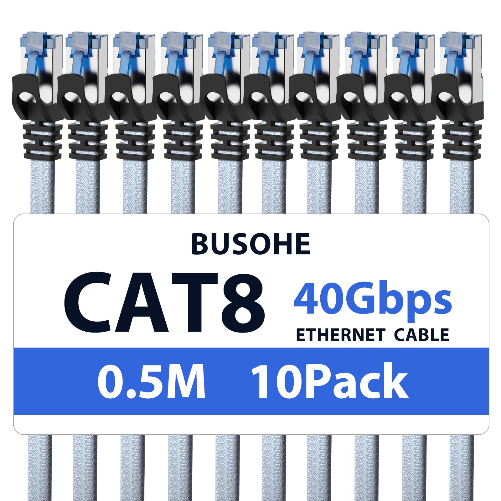 BUSOHE Cat 8 Ethernet Cable 0.5m (10 Pack), High-Speed 40Gbps 2000MHz Network Cable Braided Flat Gigabit Rj45 STP Shielded Internet Network Lan Cable Cord Compatible with PC, Laptop, Routers, Modem