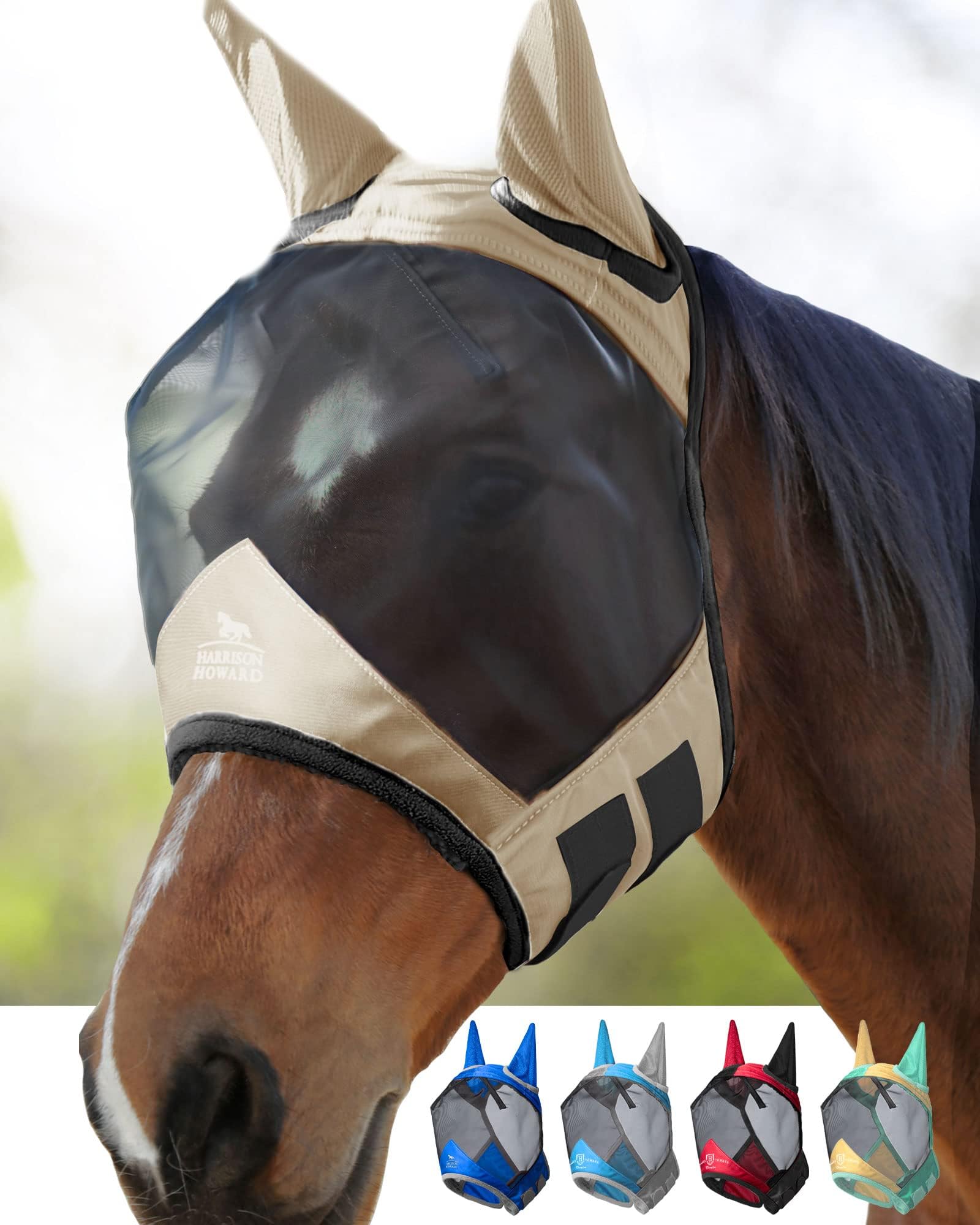 Harrison Howard Pro Luminous Horse Fly Mask Standard with Ears UV Protection for Horse Light Champagne XL Extra Full Size