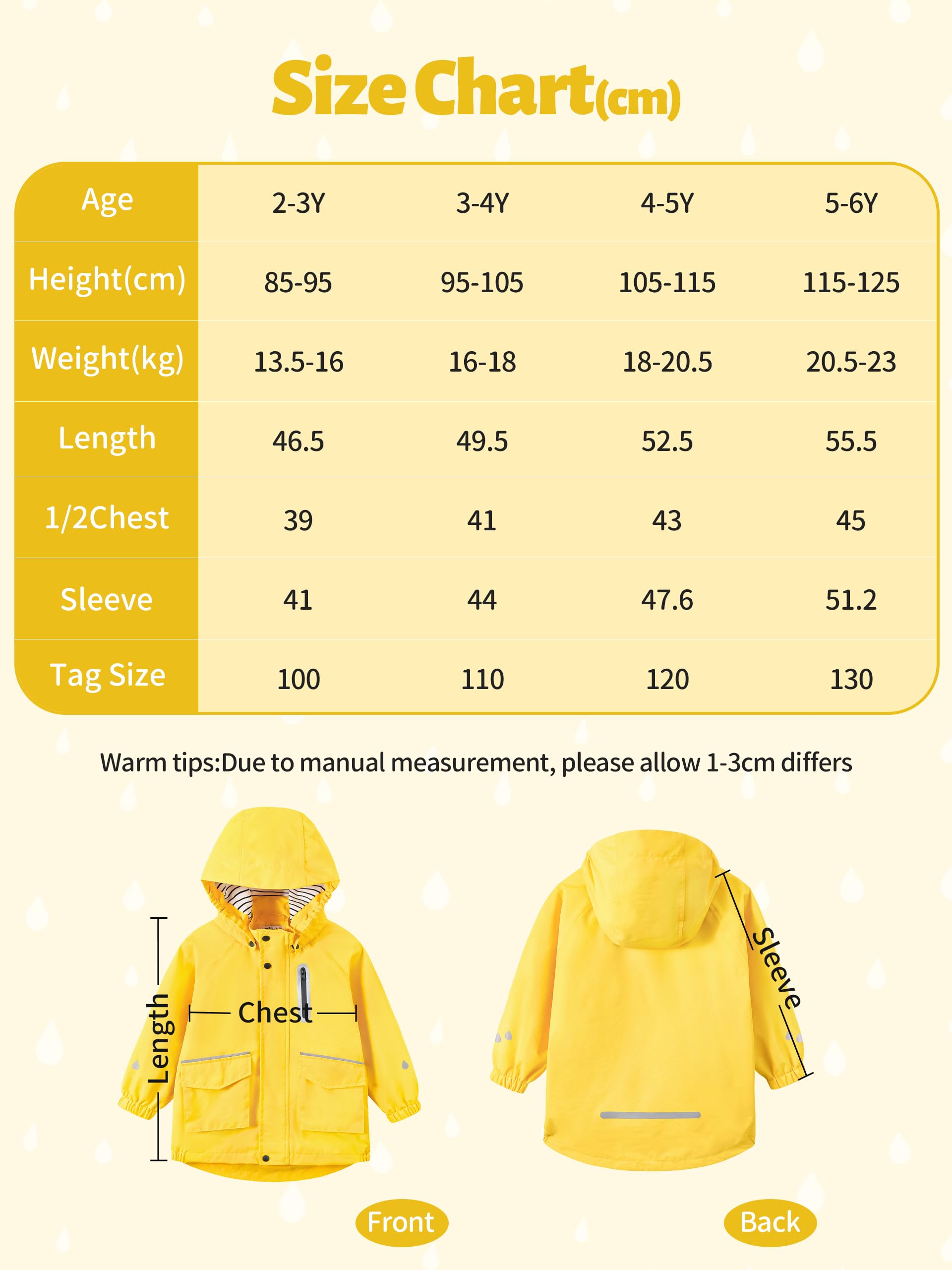 Volunboy Kinder Regenjacke Wasserdicht, Leichte Winddichte Jacke, Abnehmbare Kappe, Reflektorstreifen, Jungen & Mädchen 2-6 Jahre(Größe 100,2–3 Jahre,Gelb) 5